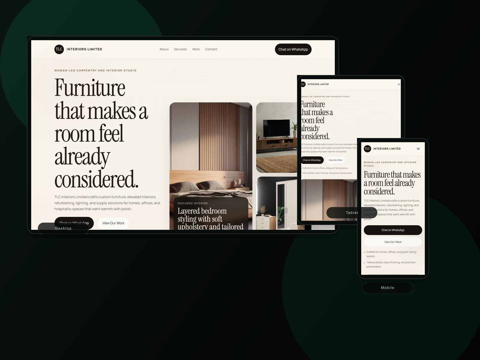 Composite portfolio cover for TLC Interiors Limited across desktop, tablet, and mobile