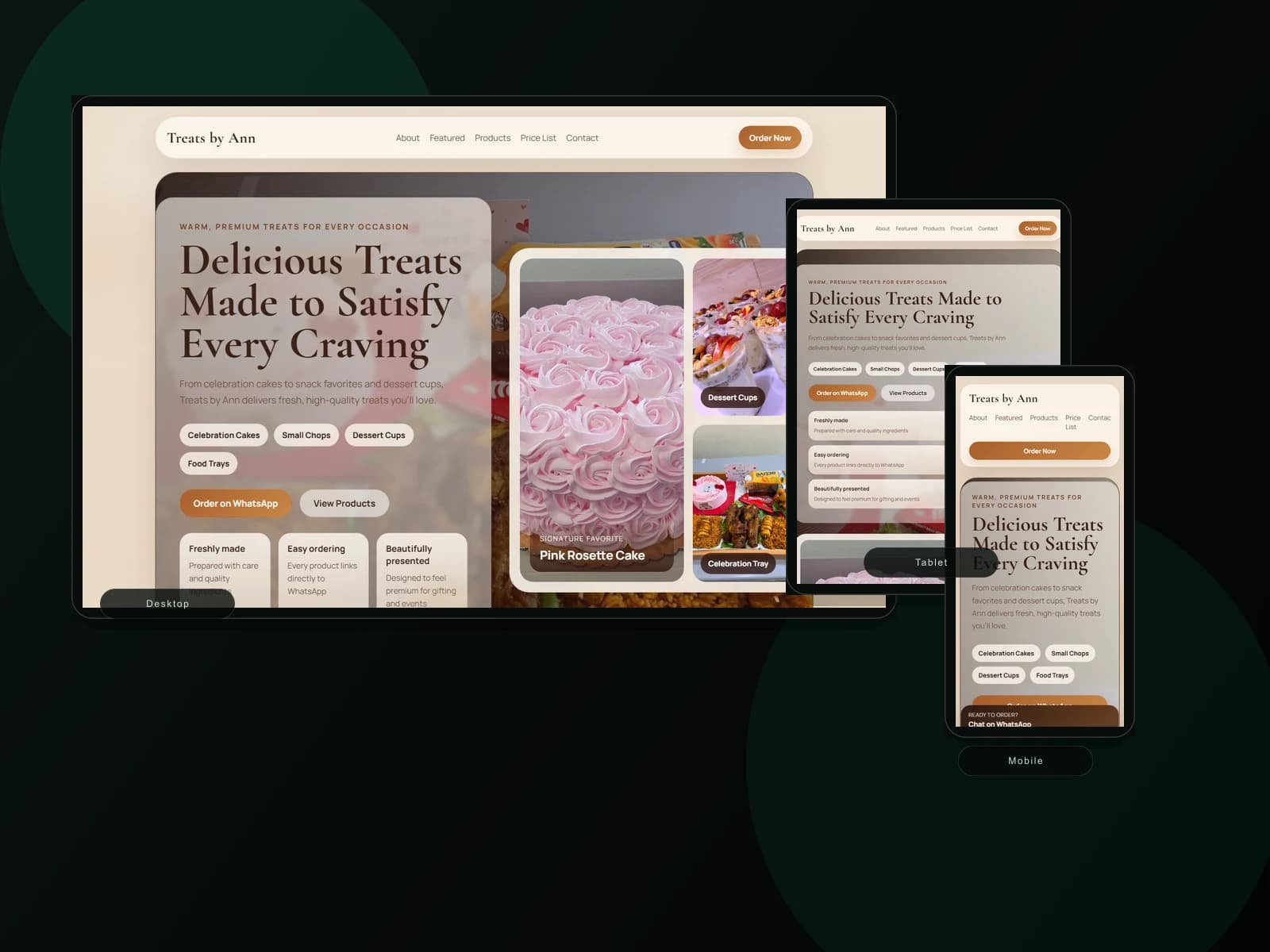 Composite portfolio cover for Treats by Ann across desktop, tablet, and mobile