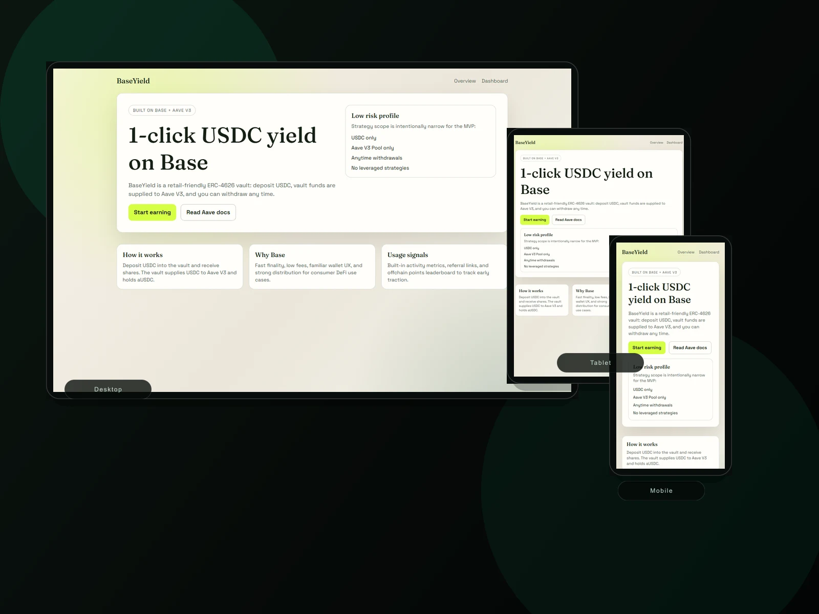 Composite portfolio cover for BaseYield across desktop, tablet, and mobile