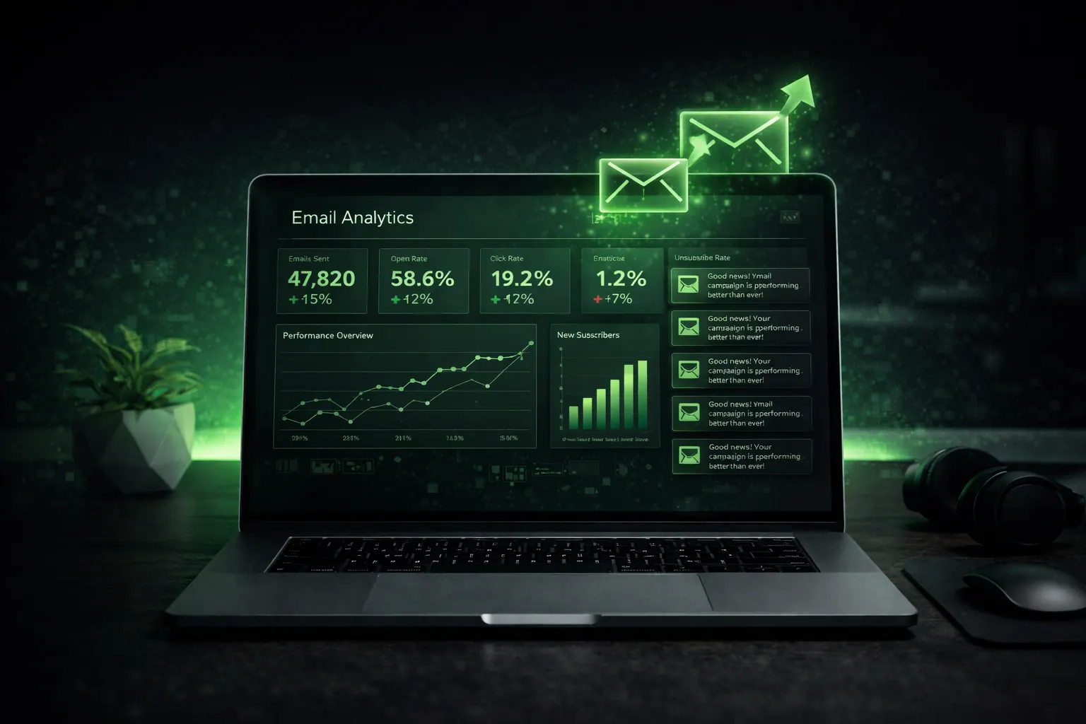 Modern laptop showing email analytics dashboard with green glow, notifications rising, clean workspace aesthetic, 16:9