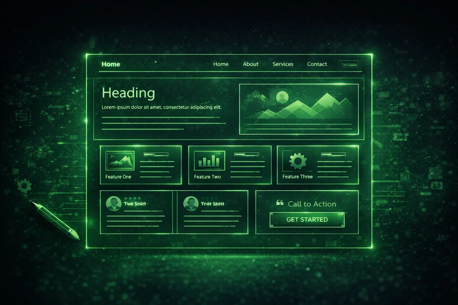 Clean modern website wireframe layout glowing green on dark screen, professional design aesthetic, 16:9