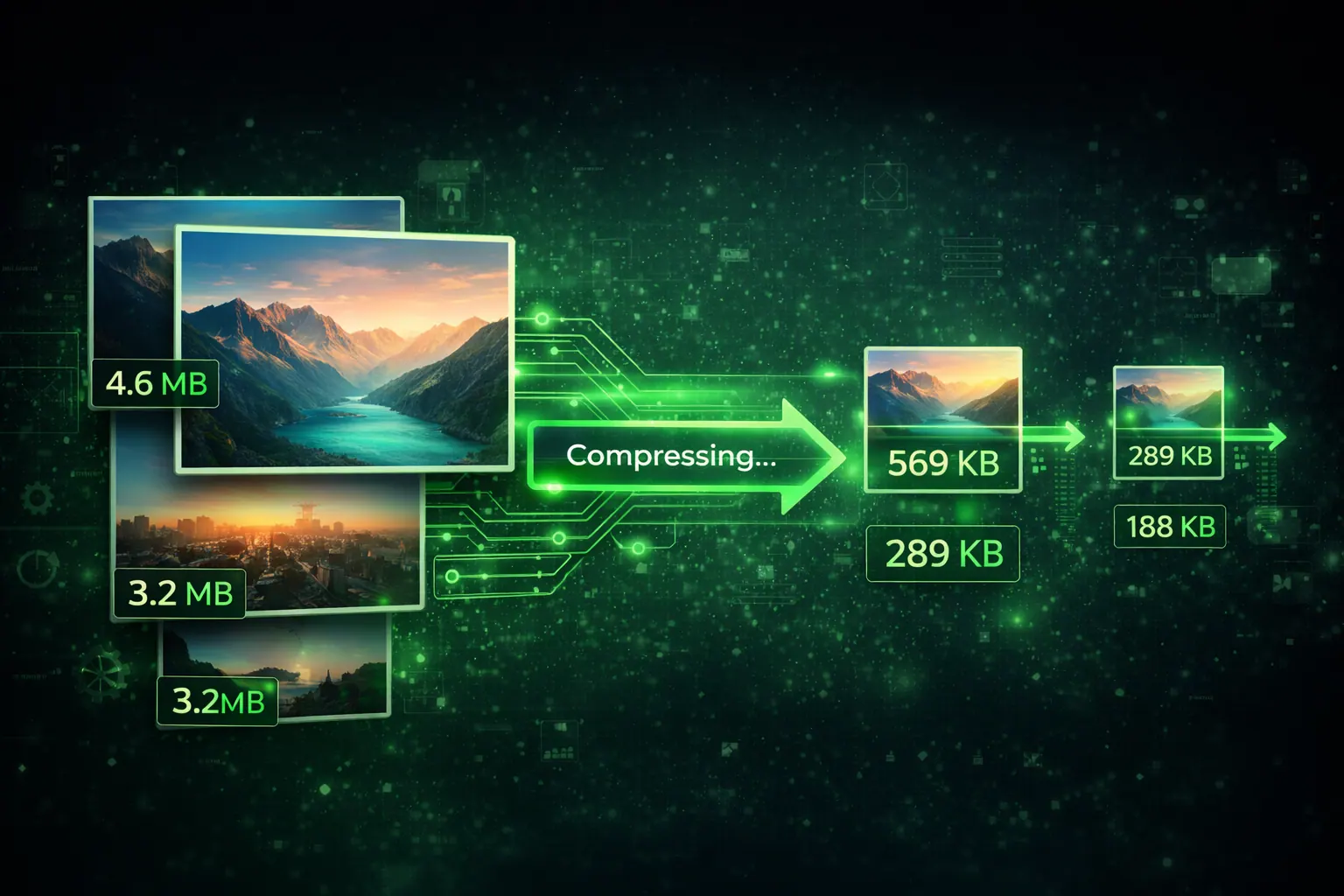 Large photos compressing into smaller files, digital optimization concept, 16:9