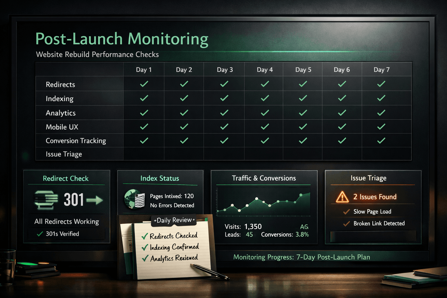 Post-launch monitoring board showing daily checks for redirects, analytics, indexing, mobile UX, and conversion performance