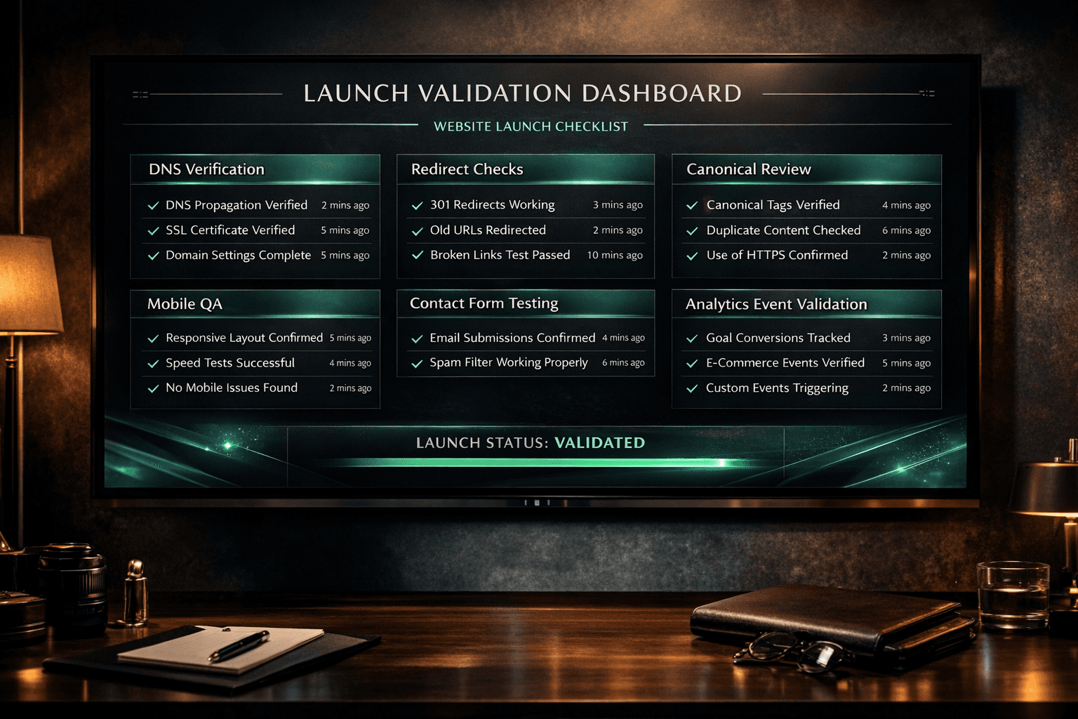 Launch validation dashboard showing DNS checks, redirect verification, contact-form testing, and mobile QA tasks