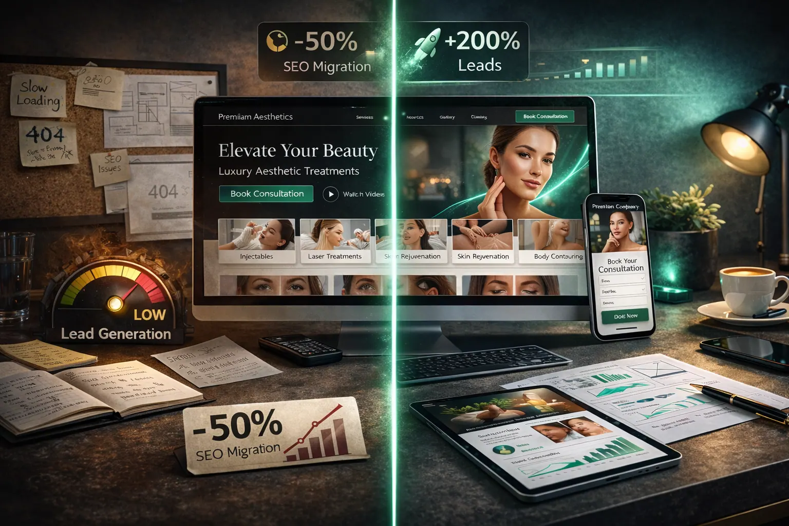 Website redesign planning board with SEO and conversion checkpoints for a small business website