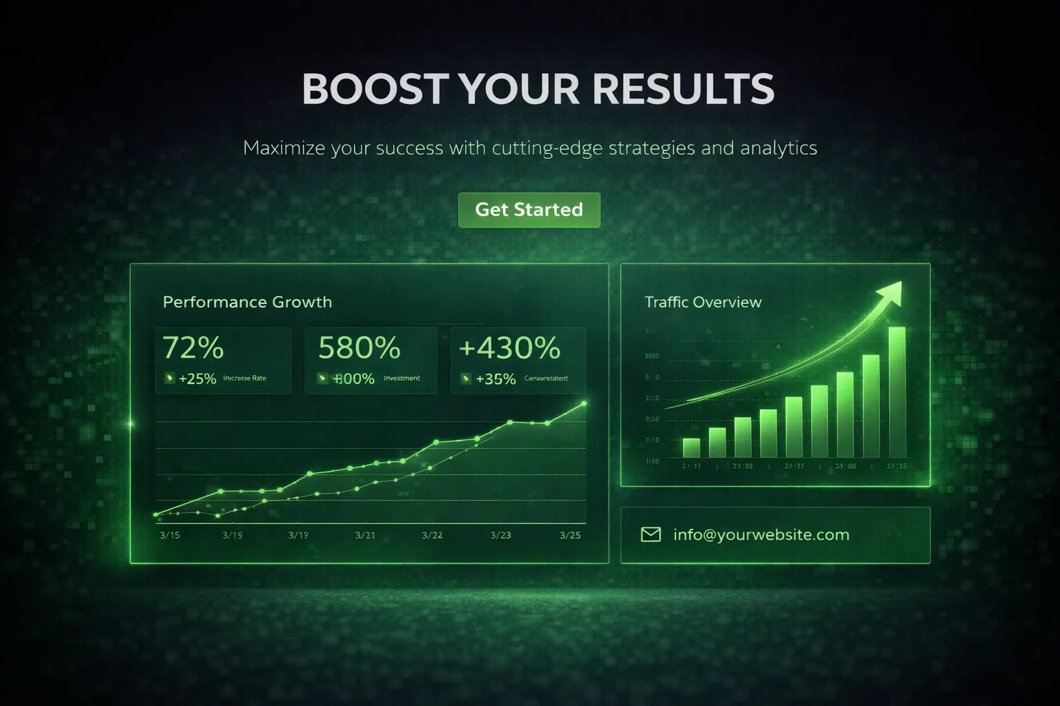 Minimal dark landing page UI mockup glowing emerald green, analytics charts rising, premium aesthetic, 16:9