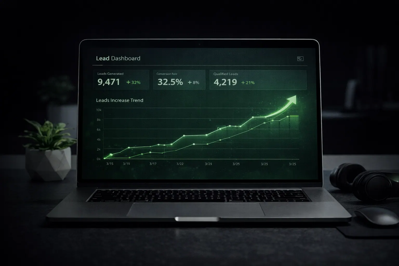 Clean dashboard showing leads increasing graph, modern workspace, 16:9