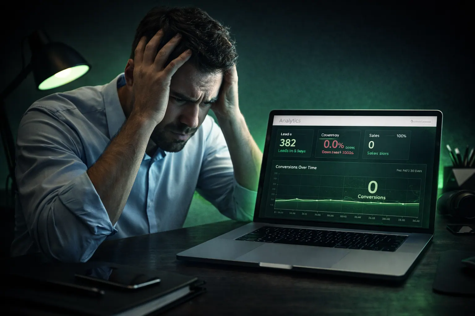 Frustrated business owner looking at analytics with zero conversions, dark desk, green glow, cinematic 16:9