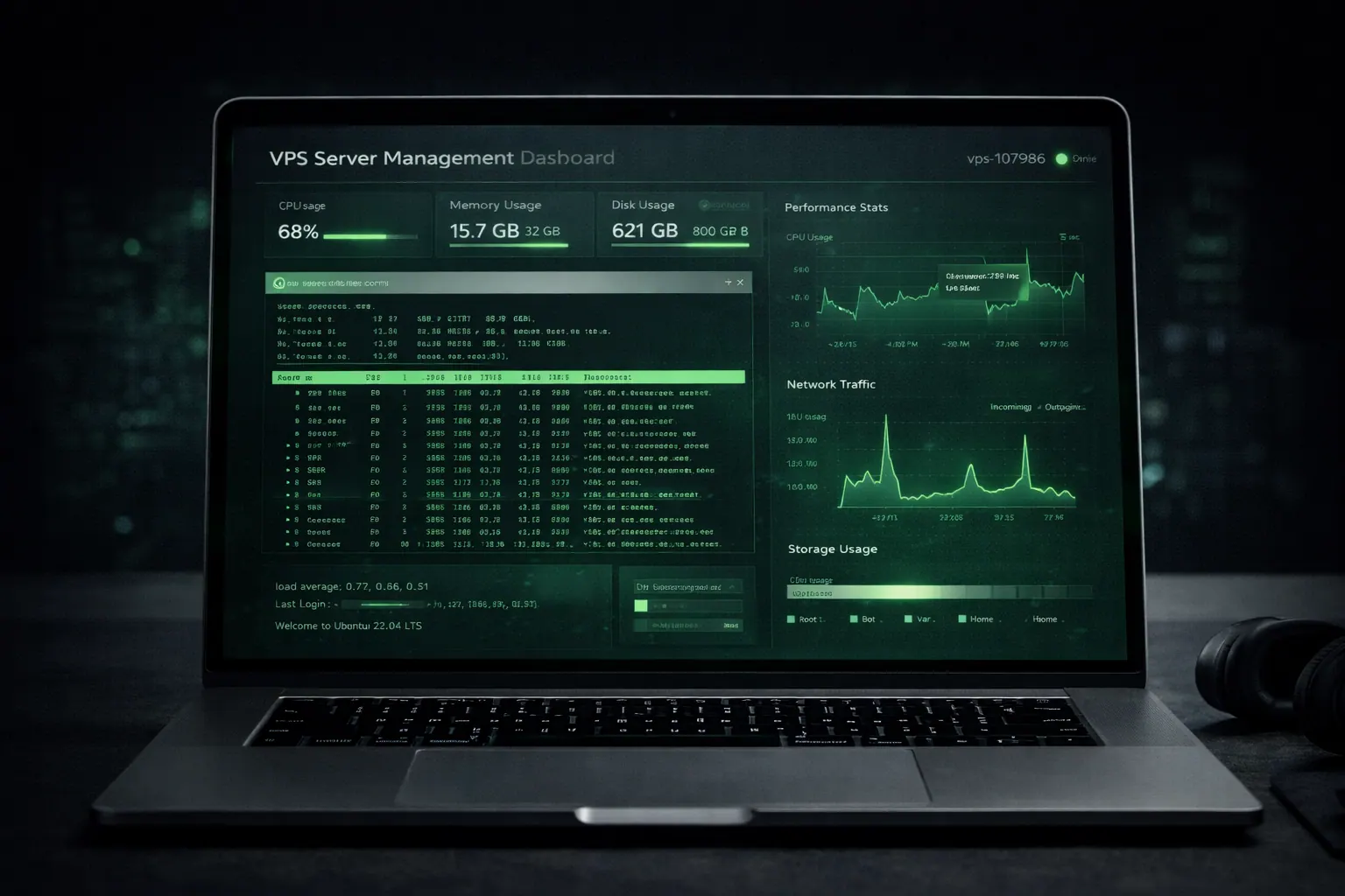 Server dashboard interface with performance graphs glowing green, high performance tech vibe, 16:9