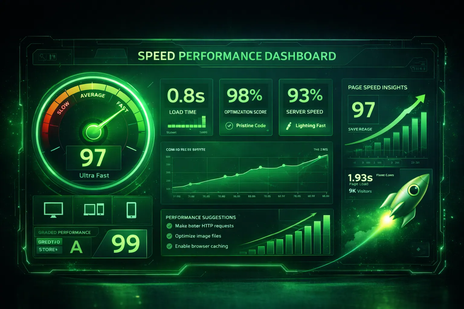 Speed performance dashboard, neon green metrics, futuristic tech, 16:9