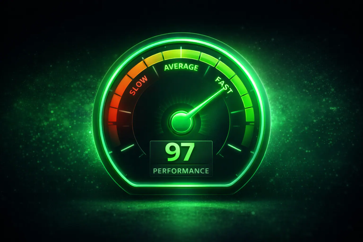 Website speed gauge glowing green, performance concept, 16:9