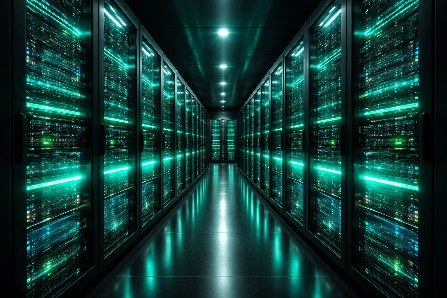 Modern server racks glowing emerald green, cinematic datacenter lighting, premium tech aesthetic, 16:9