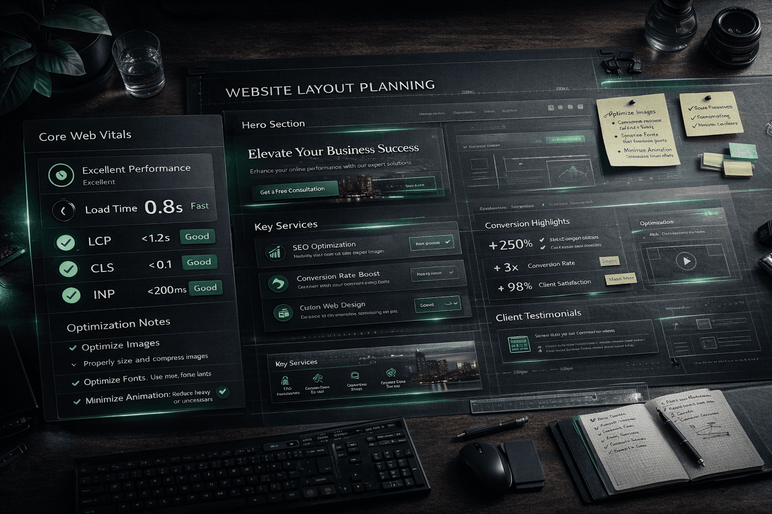 Core Web Vitals planning board with LCP CLS and INP targets integrated into premium website design workflow