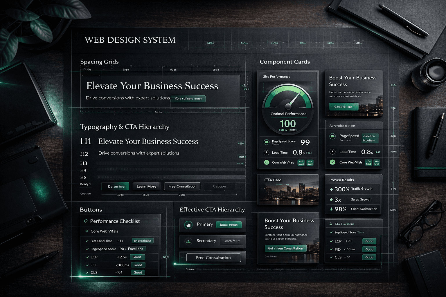 UI design system board showing reusable card language, typography hierarchy, CTA contrast standards, and spacing rhythm for conversion-focused premium websites