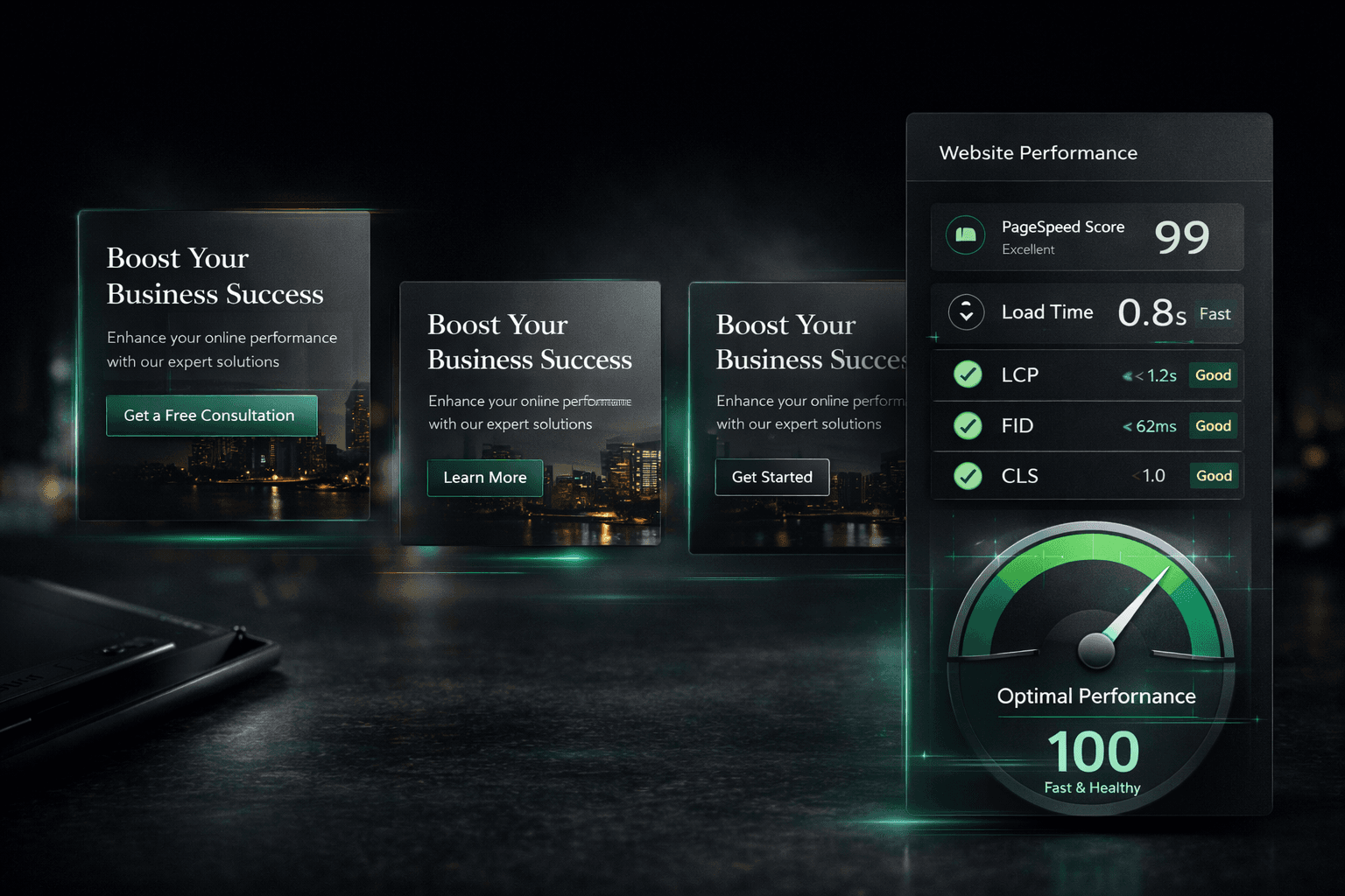 Premium interaction design cards with subtle motion feedback and fast-rendering UI patterns for conversion-focused websites