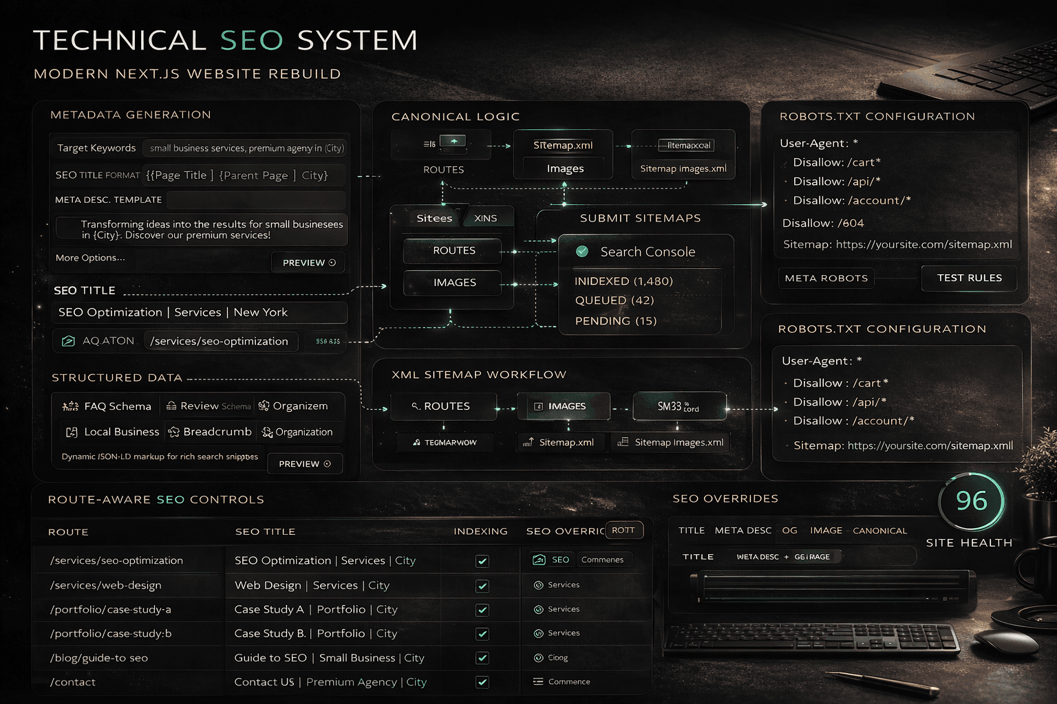 Technical SEO system showing metadata generation, canonical logic, structured data, and sitemap workflow for a Next.js website rebuild