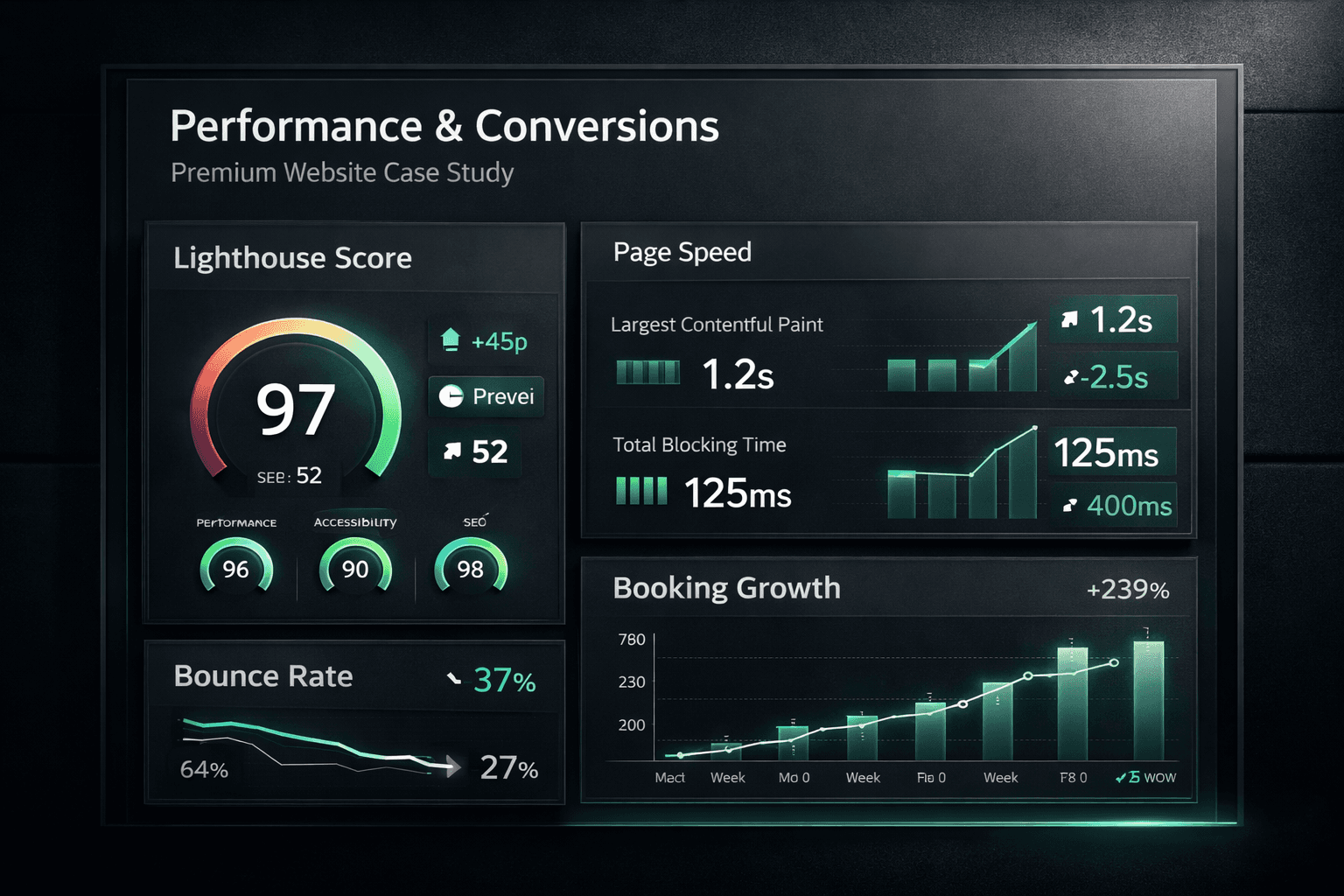 Performance and conversion dashboard showing Lighthouse improvement, faster paint times, lower bounce rate, and stronger booking outcomes