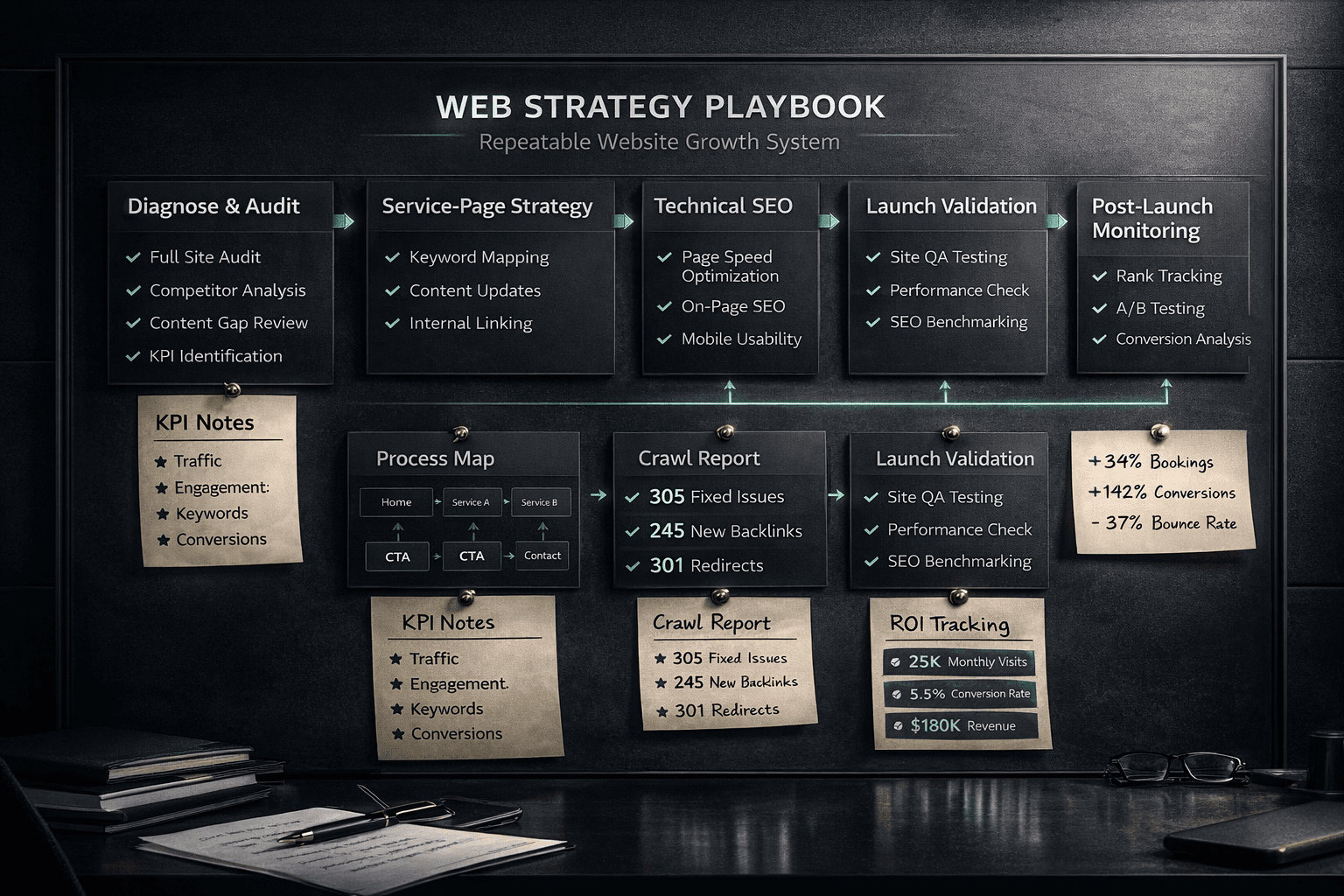 Website growth playbook board showing the repeatable sequence from diagnosis and audit to launch, monitoring, and iteration